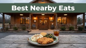 A roadside restaurant with a plated meal on a rustic table at dusk.