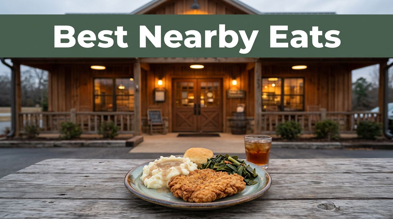 A roadside restaurant with a plated meal on a rustic table at dusk.