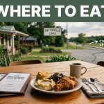 Southern-style meal, coffee, and menus on a roadside table near Conway.