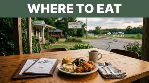 Southern-style meal, coffee, and menus on a roadside table near Conway.