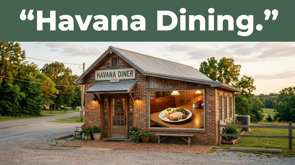 A small Arkansas diner glowing at sunset with comfort food visible through the window.