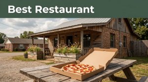 A pepperoni pizza and box sit outside a small Arkansas pizza shack.