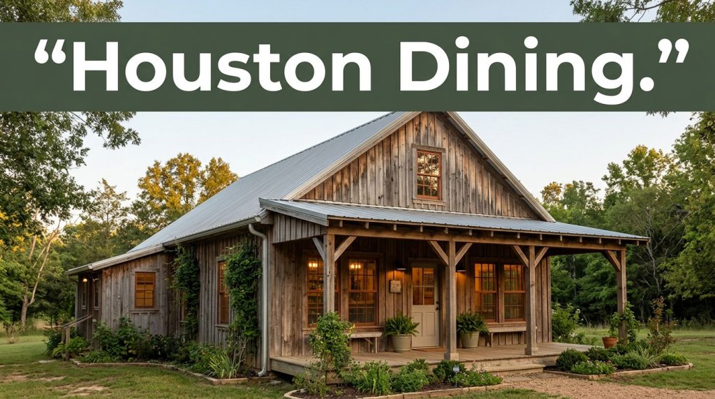 Rustic restaurant exterior with warm windows, greenery, and a green Houston Dining banner.