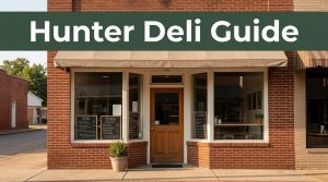 A welcoming deli storefront on a quiet Arkansas main street with a green headline band.