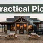 A barbecue restaurant with picnic tables and smoker smoke beside a rural Arkansas highway.