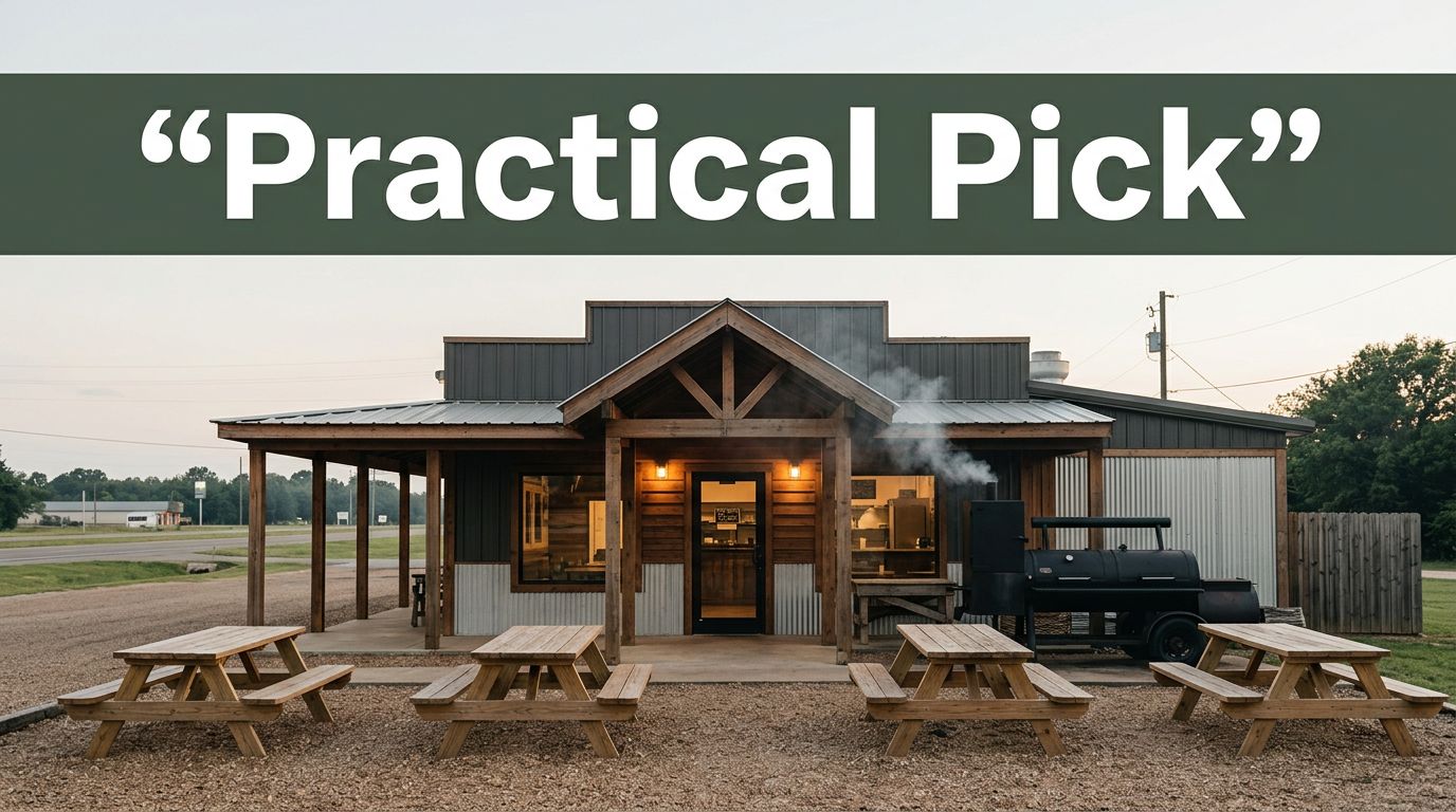 A barbecue restaurant with picnic tables and smoker smoke beside a rural Arkansas highway.