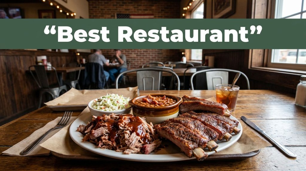 Barbecue platter with pulled pork, ribs, beans, and coleslaw on a wooden table.