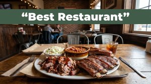 Barbecue platter with pulled pork, ribs, beans, and coleslaw on a wooden table.