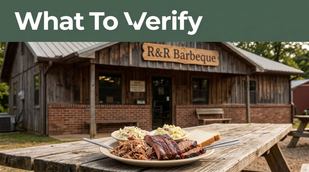 R&R Barbeque restaurant with a barbecue plate on a wooden table and a green headline banner.