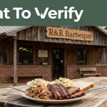 R&R Barbeque restaurant with a barbecue plate on a wooden table and a green headline banner.