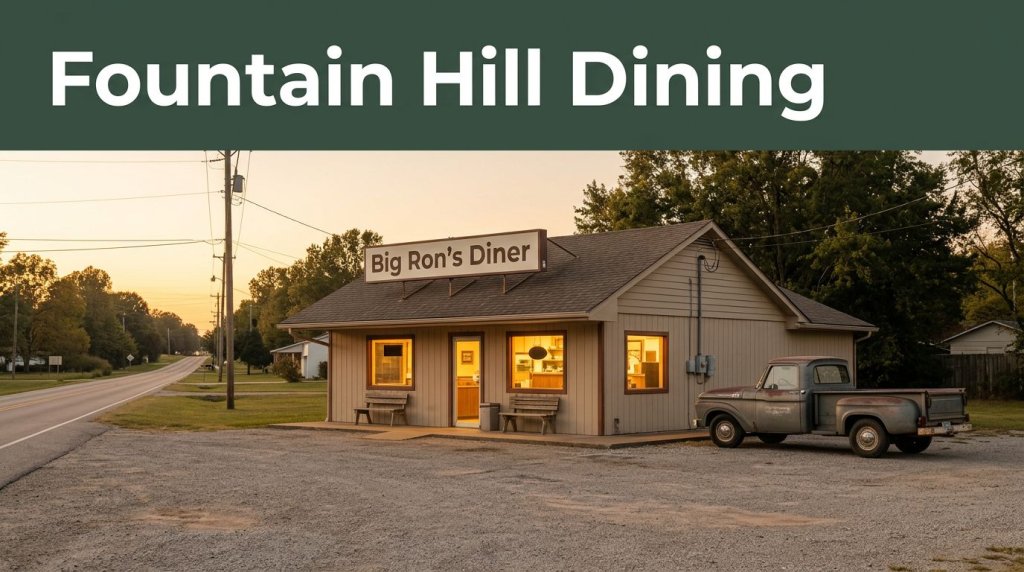 A rural diner with a pickup truck, glowing windows, and a green Fountain Hill Dining banner.
