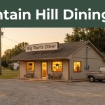 A rural diner with a pickup truck, glowing windows, and a green Fountain Hill Dining banner.