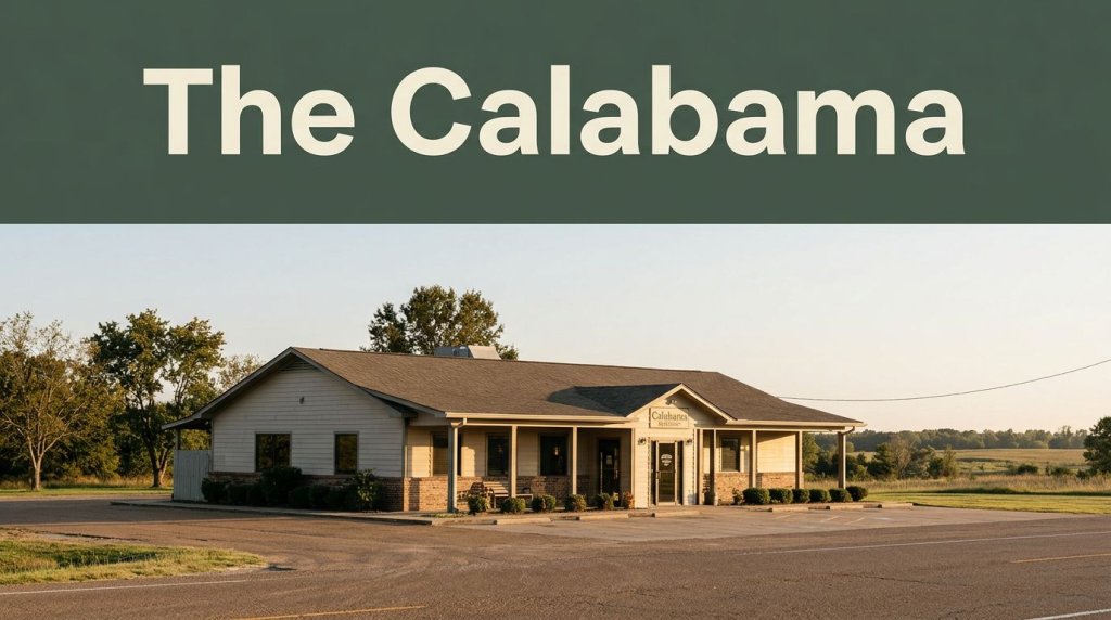 The Calabama restaurant sits beside a rural Arkansas highway under warm evening light.