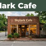 Skylark Cafe exterior with warm windows on a quiet Arkansas street.