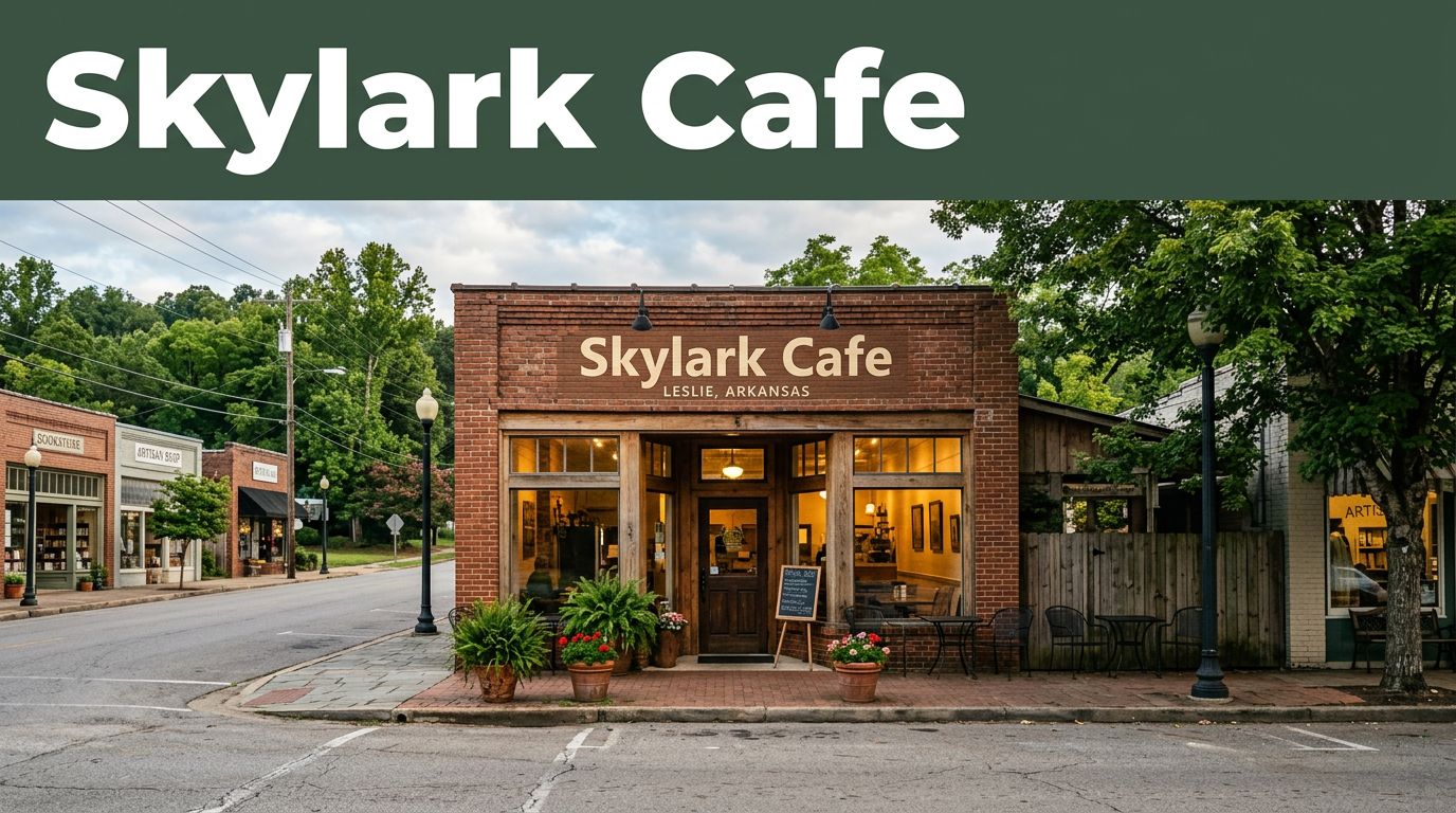 Skylark Cafe exterior with warm windows on a quiet Arkansas street.