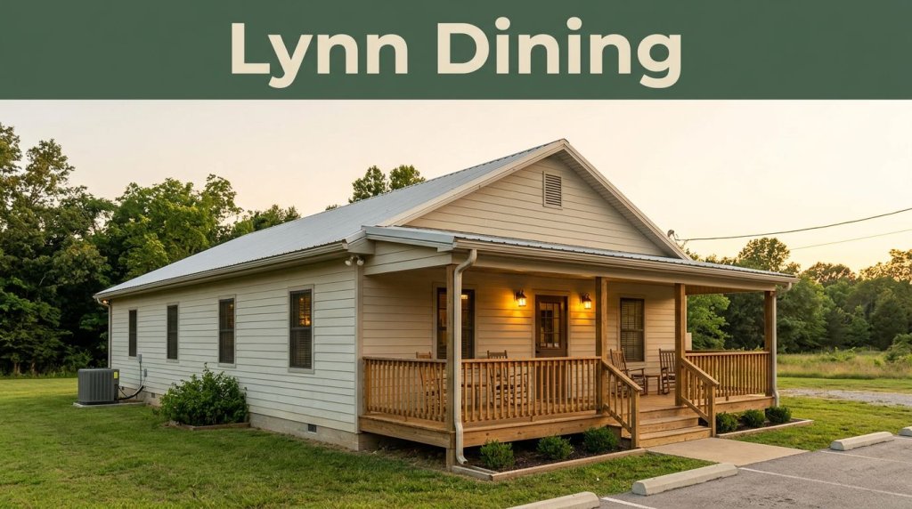 A small country restaurant with porch lights beneath a golden sky.