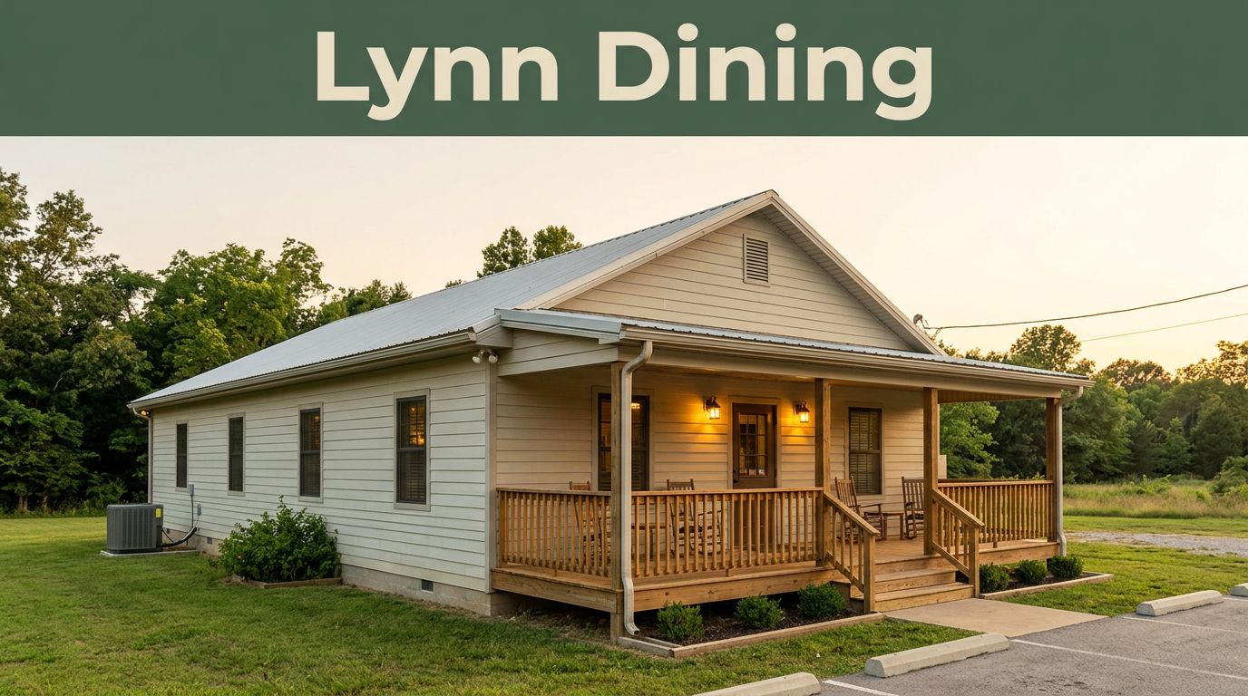 A small country restaurant with porch lights beneath a golden sky.