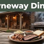 A rustic barbecue restaurant with a porch, smoker smoke, and a plated meal in front.