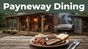 A rustic barbecue restaurant with a porch, smoker smoke, and a plated meal in front.