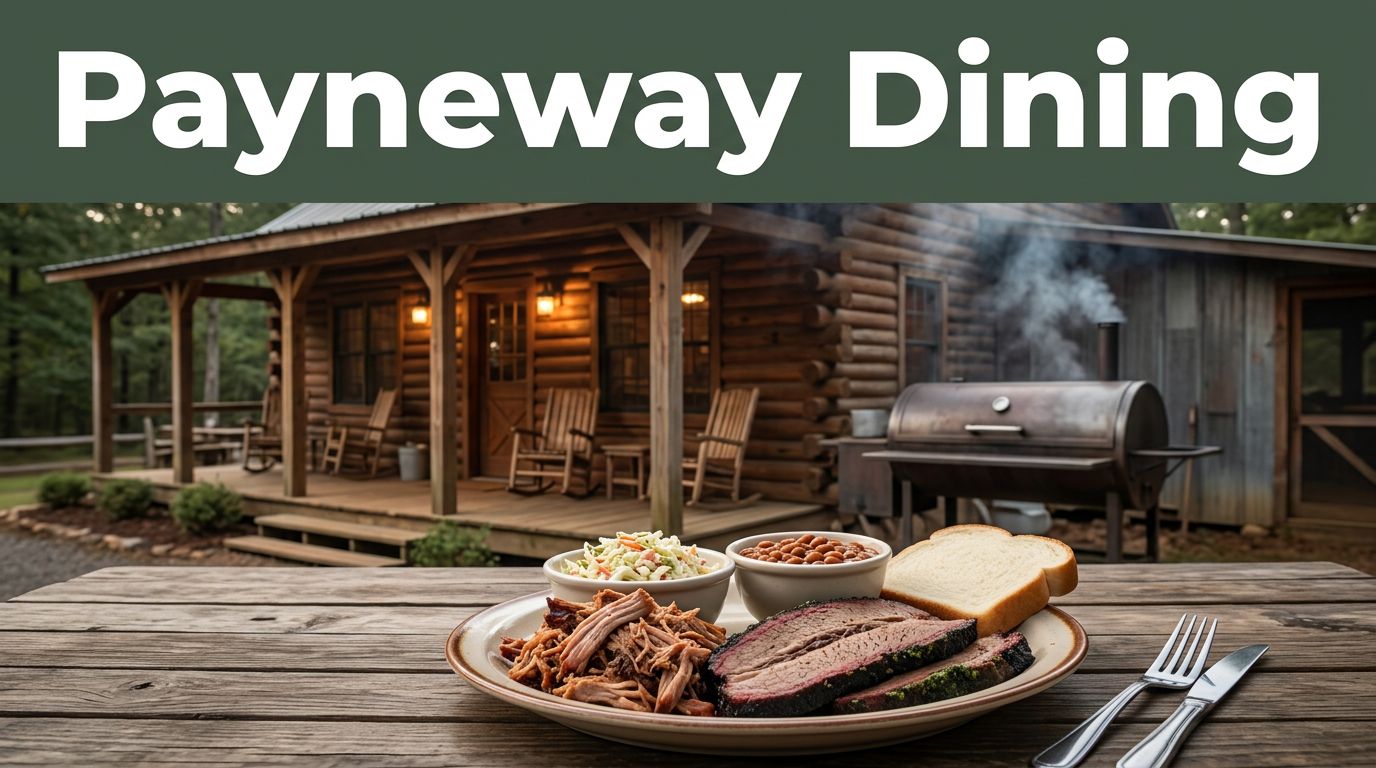 A rustic barbecue restaurant with a porch, smoker smoke, and a plated meal in front.