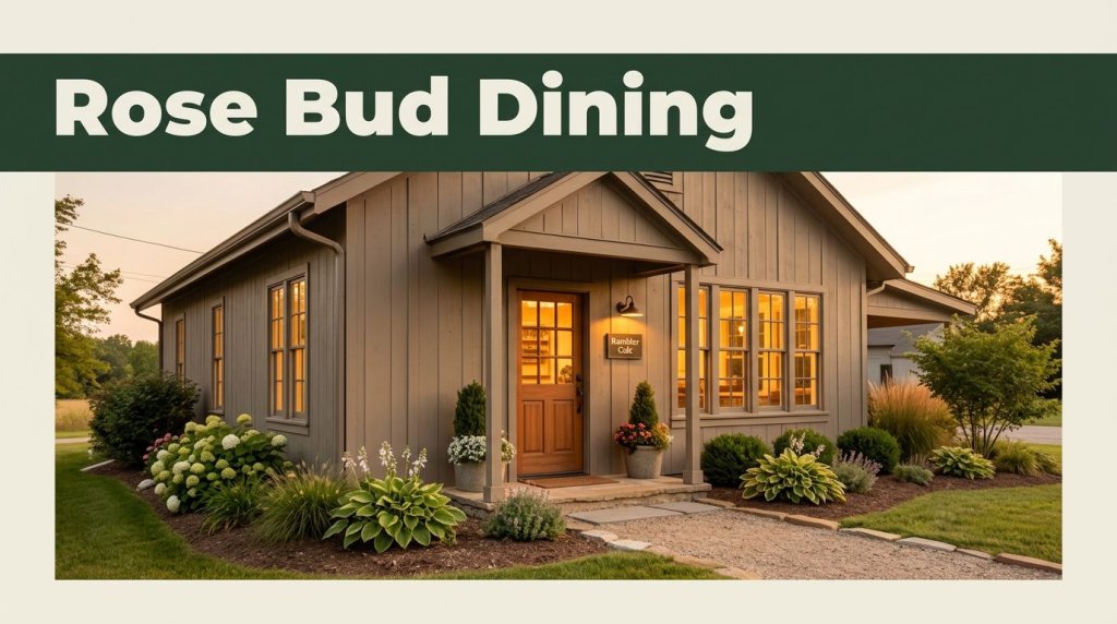 A cozy café exterior with glowing windows and landscaping at sunset.