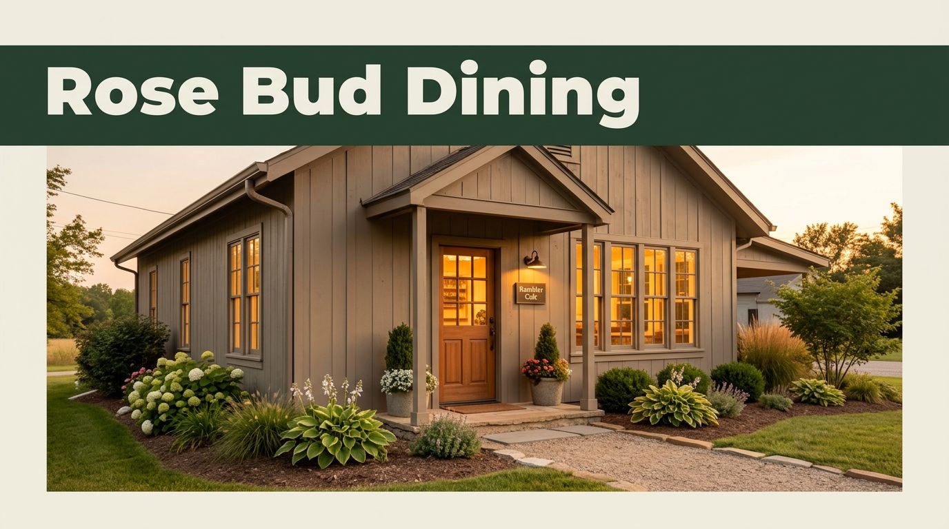 A cozy café exterior with glowing windows and landscaping at sunset.