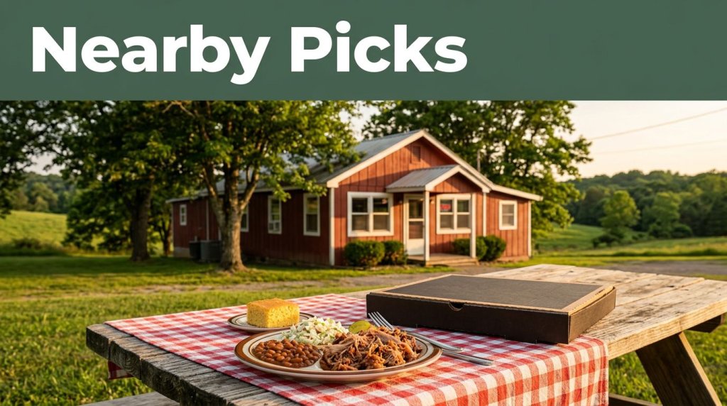 A roadside diner with barbecue, pizza, and greenery at golden hour.