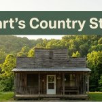 Ahart’s Country Store with a porch, weathered siding, and green Ozark hills.