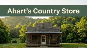 Ahart’s Country Store with a porch, weathered siding, and green Ozark hills.