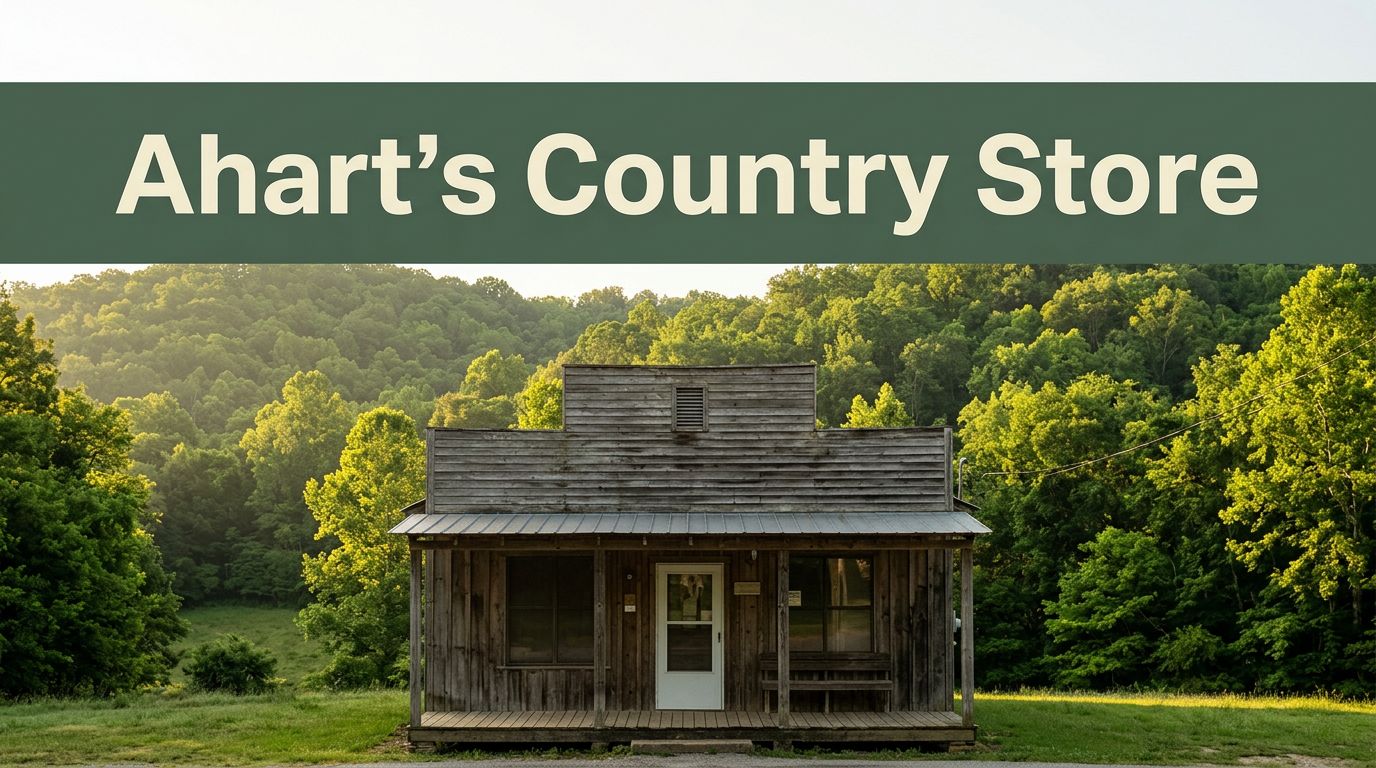Ahart’s Country Store with a porch, weathered siding, and green Ozark hills.