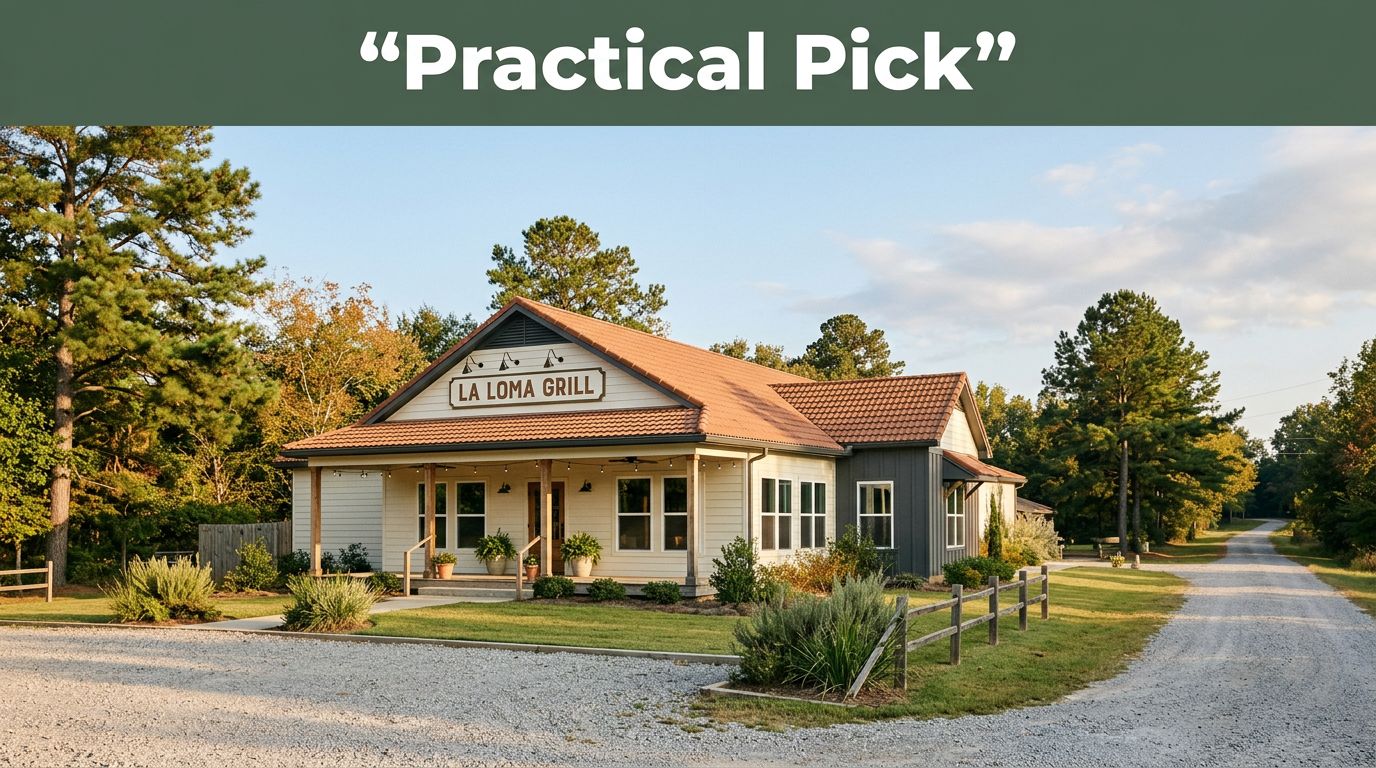 Southern roadside restaurant near Thornton beneath a green banner reading “Practical Pick.”