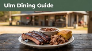 Arkansas barbecue with ribs, pulled pork, beans, and cornbread outside a rural restaurant.