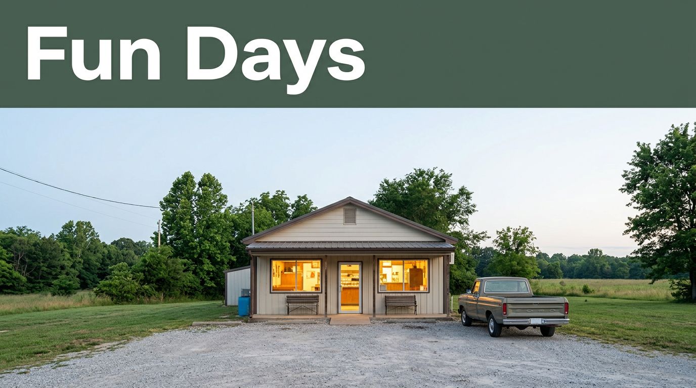 A small Arkansas diner with warm windows, a vintage pickup, and a Fun Days sign.