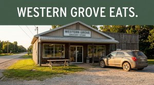 A small Arkansas grocery and deli beside a highway with a picnic table and parked vehicle.