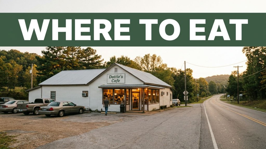 A warmly lit diner beside a rural road with a Where To Eat banner.
