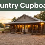 Rustic roadside restaurant with glowing porch lights and a green title band at sunset.
