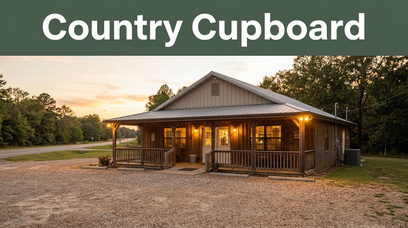Rustic roadside restaurant with glowing porch lights and a green title band at sunset.