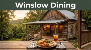 Rustic Arkansas restaurant with warm windows and a plated lunch on the porch at sunset.