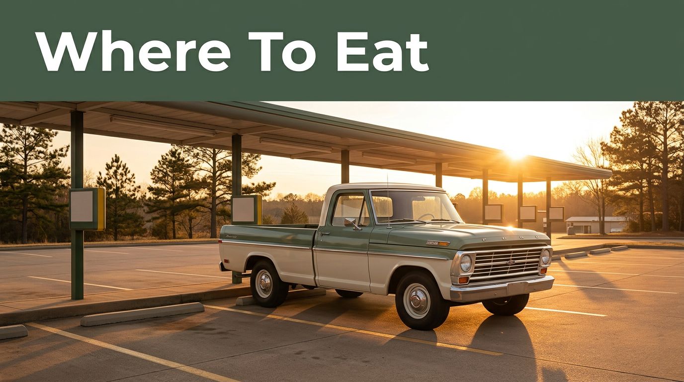 Arkansas drive-in with carhop stalls, a vintage pickup, and pine trees.