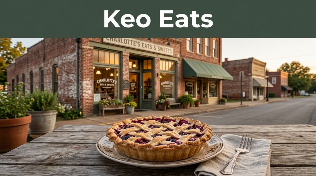 A fruit pie sits outside a small-town Arkansas restaurant with greenery and a green sign.