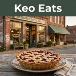 A fruit pie sits outside a small-town Arkansas restaurant with greenery and a green sign.