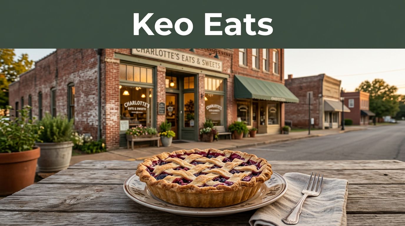 A fruit pie sits outside a small-town Arkansas restaurant with greenery and a green sign.