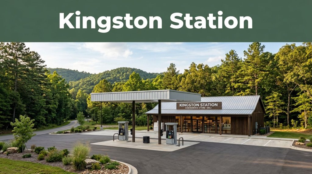 Kingston Station gas station and deli beneath a canopy in the wooded Ozarks.