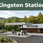 Kingston Station gas station and deli beneath a canopy in the wooded Ozarks.