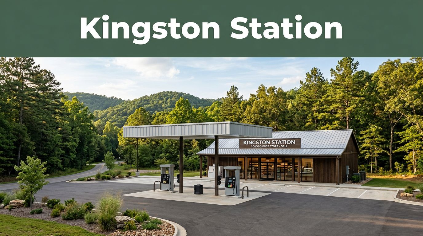 Kingston Station gas station and deli beneath a canopy in the wooded Ozarks.