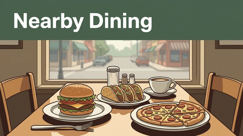 Restaurant table with a burger, tacos, pizza, and coffee by a window.