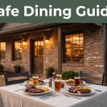 Brick barbecue restaurant with plated food at an outdoor table during golden hour.