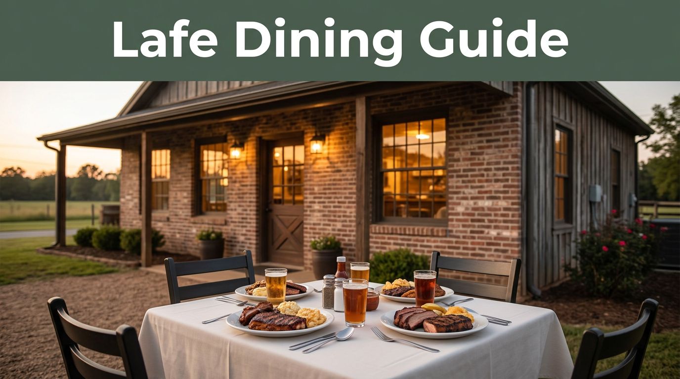 Brick barbecue restaurant with plated food at an outdoor table during golden hour.