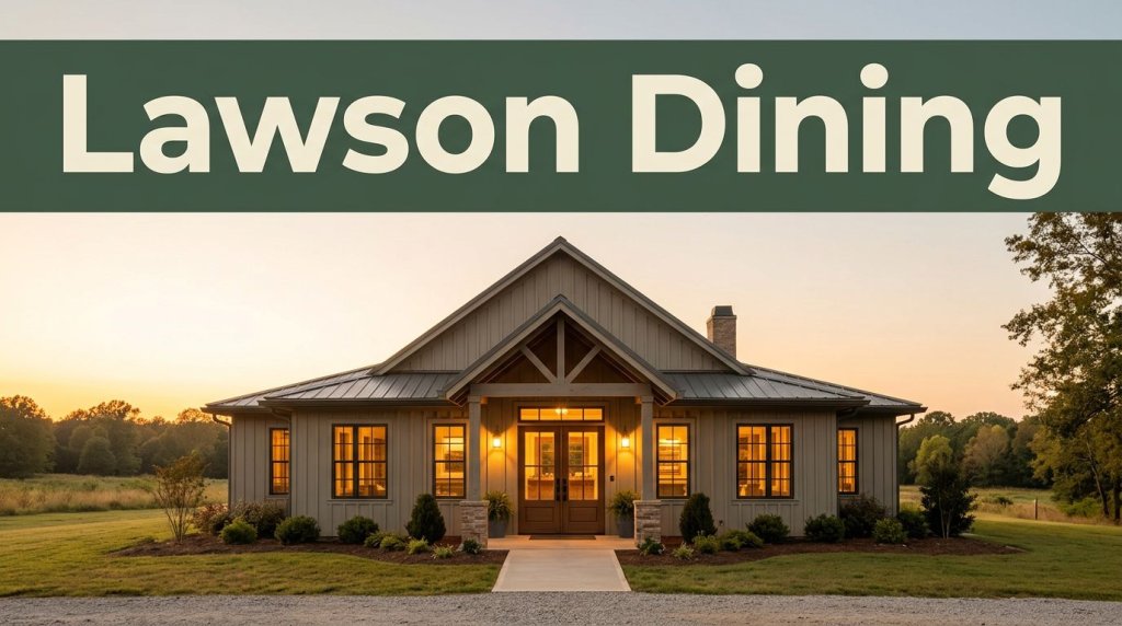 Rural Arkansas restaurant exterior with warm windows and a Lawson Dining banner.