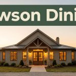 Rural Arkansas restaurant exterior with warm windows and a Lawson Dining banner.